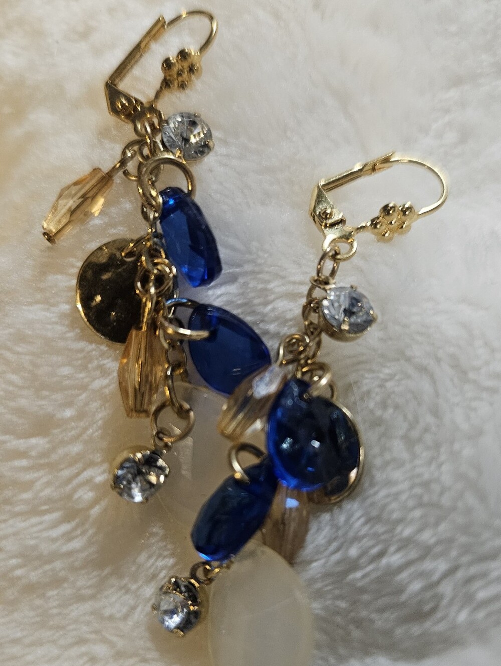 Handmade Gold Tone Dangle Levervack Earrings with Blue and Champagne Beads